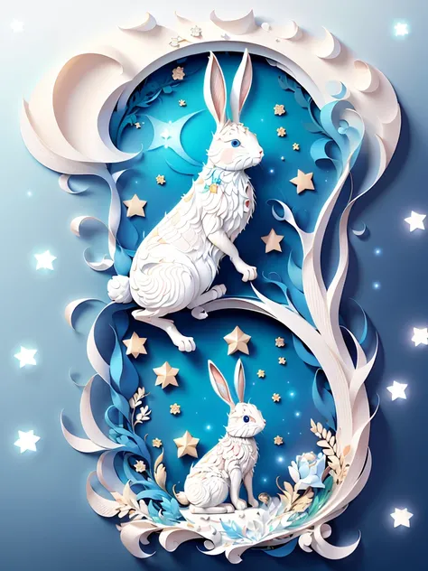 ((masterpiece))), Best Quality, Light blue illustration, ((Rabbit)), Starry Sky, paper_cut, (White background: 1.1)