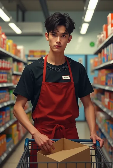 A tall, thin, white young man packing merchandise in the supermarket wearing a black t-shirt with a seleste collar and a red apron and a cart next to him with his Maxi name tag