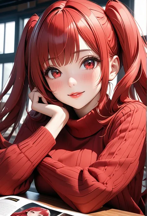 Ultra HDのリアル3DCGアート.Draw a red-haired girl with twin tails on the cover of a magazine、Place both hands on cheeks, Sleeves are longer than the wrist, indoor, Turtleneck sweater, Red sweater,Sweater detail and soft texture、 Put your elbows on the table,Very ...