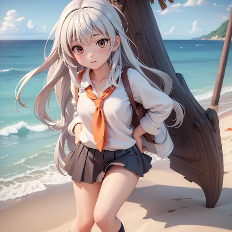 ((masterpiece)), ((Best quality)), ((high resolution)), ((Extremely detailed CG Unity 8k wallpaper)), Solitary, Orange, Tan School Uniform, Black skirt, White socks, outdoor, Face, Curtain-like hair, beach, Split hair, Silver Hair