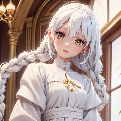 Best quality, masterpiece,White hair, Golden Eyes,White clothes, look up, Upper body,Hair,Fair skin,Side Braid