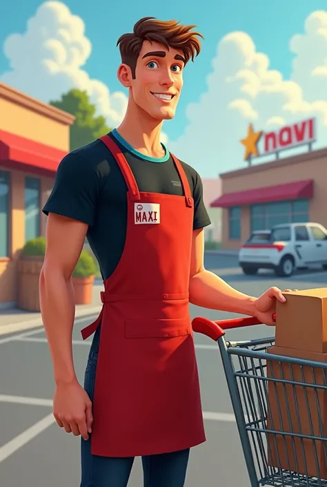 A tall, thin, white young man packing groceries at the supermarket wearing a black t-shirt with a blue collar and a red apron and a cart next to him with his name tag Maxi carrying groceries to his cart in a parking lot