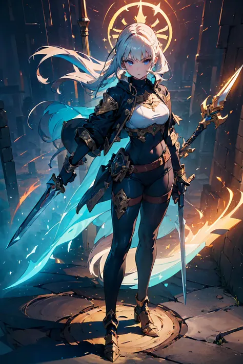 Design a layout showcase Gaming character, (1girl). Golden+Purle clothes, stylish and unique, ((showcase weapon:1.4)), magic staff, (masterpiece:1.2), (best quality), 4k, ultra-detailed, (Step by step design, layout art:1.5), (luminous lighting, atmospheri...