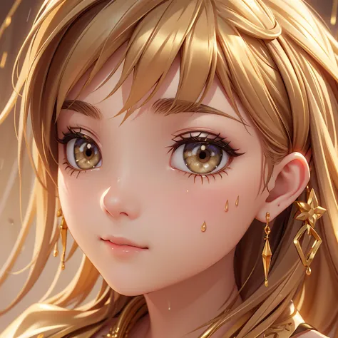 Gold Tattoo，A girl in the rain，Wearing gold earrings, Rendered in Vray style, Martin, yuumei, Into, close up, Deep white and gold, sketch, masterpiece, Best quality,