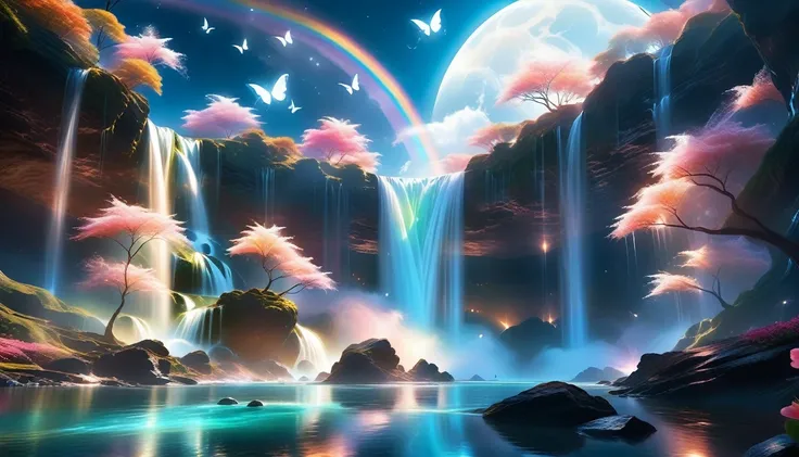 A Masterpiece In 32K Resolution, Supreme Quality, Super Detail, Official Art, Very High-Resolution 32K Wallpaper, Beautiful And Aesthetic, Ultra-Detailed Features, Awe-Inspiring Detail. A Mystical Waterfall With Butterflies Dancing Under The Full Moon - Ca...