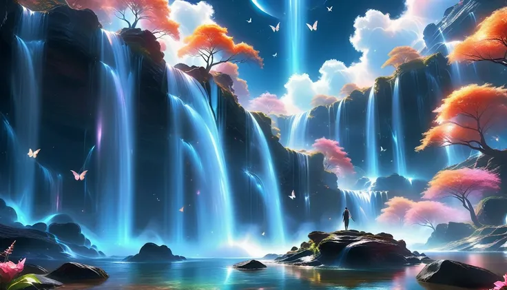 A Masterpiece In 32K Resolution, Supreme Quality, Super Detail, Official Art, Very High-Resolution 32K Wallpaper, Beautiful And Aesthetic, Ultra-Detailed Features, Awe-Inspiring Detail. A Mystical Waterfall With Butterflies Dancing Under The Full Moon - Ca...