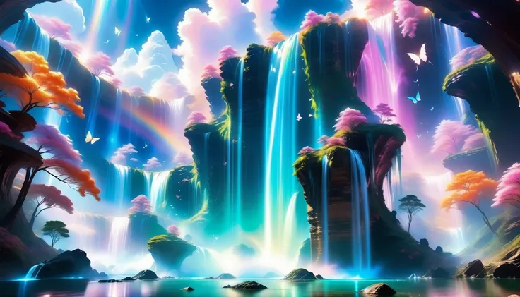 A Masterpiece In 32K Resolution, Supreme Quality, Super Detail, Official Art, Very High-Resolution 32K Wallpaper, Beautiful And Aesthetic, Ultra-Detailed Features, Awe-Inspiring Detail. A Mystical Waterfall With Butterflies Dancing Under The Full Moon - Ca...