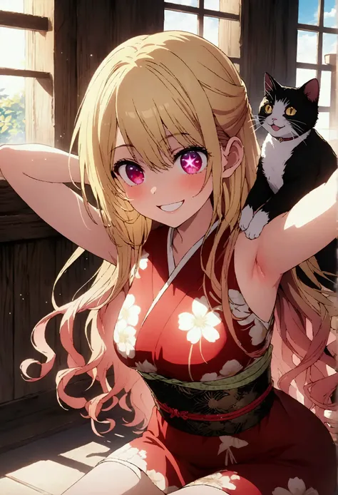Kimono dress, Floral print, HoshinoRuby, Star-shaped eyes, Ruby_Hoshino, Blonde, bangs, One girl, Pink Eyes, Long Hair, Cowboy Shot, masterpiece, Extremely detailed CG, cat, Sit with your knees raised,Perfect figure, Playful, Joy, happy, Big smile,Daytime...