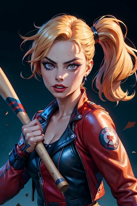 Margot Robbie as Harley Quinn, holding a baseball bat, detailed facial features, beautiful eyes, detailed makeup, messy colorful hair, red and blue, dynamic pose, leather jacket, dark background, cinematic lighting, hyper-realistic, 8K, photorealistic, mas...