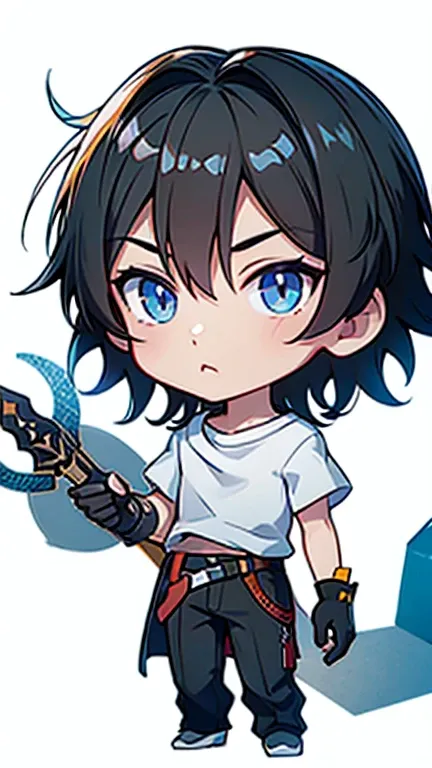 masterpiece, best quality, chibi,
, one person, focus on men, gloves, short hair,black hair,bangs,blue eyes,white shirt,pants,be...