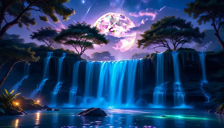 A Masterpiece In 32K Resolution, Supreme Quality, Super Detail, Official Art, Very High-Resolution 32K Wallpaper, Beautiful And Aesthetic, Ultra-Detailed Features, Awe-Inspiring Detail. An Enchanted Moonlit Waterfall - Butterflies Flutter Under The Light O...