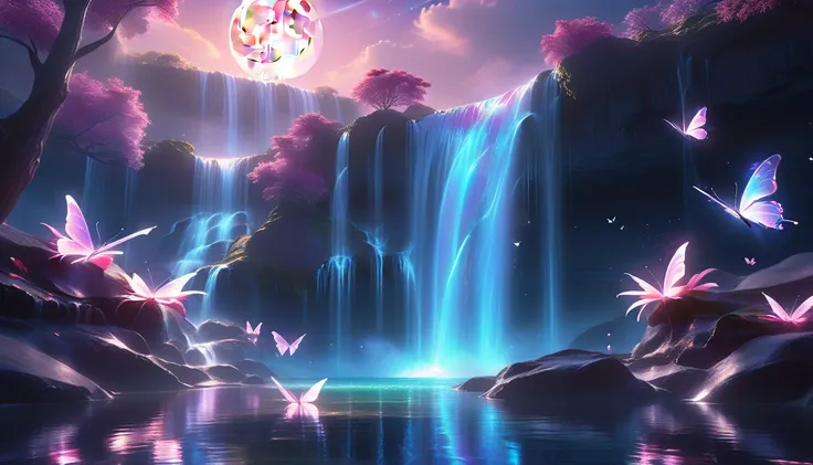 A Masterpiece In 32K Resolution, Supreme Quality, Super Detail, Official Art, Very High-Resolution 32K Wallpaper, Beautiful And Aesthetic, Ultra-Detailed Features, Awe-Inspiring Detail. An Enchanted Moonlit Waterfall - Butterflies Flutter Under The Light O...