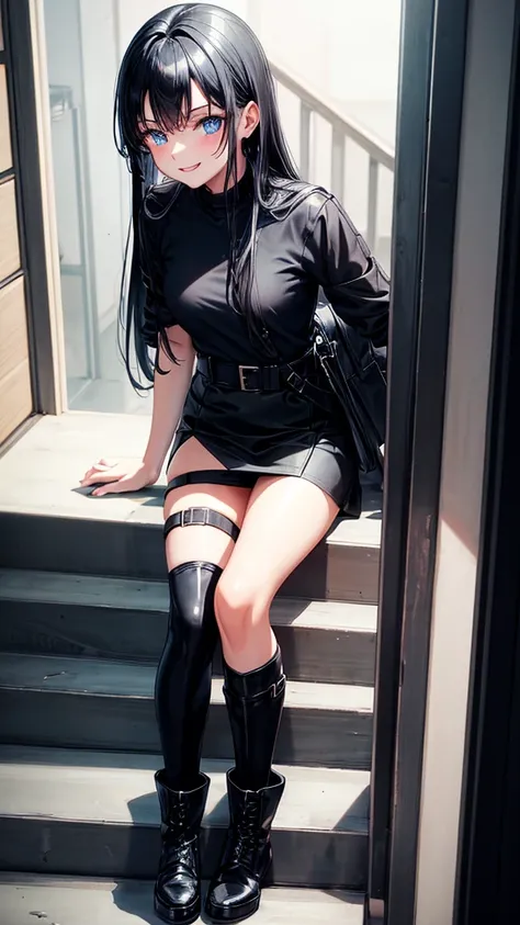 A girl, long black hair, blue eyes, wearing a black miniskirt and a black top. black military boots, going down the stairs of a house, while smiling at the observer, without stockings. With wet hair