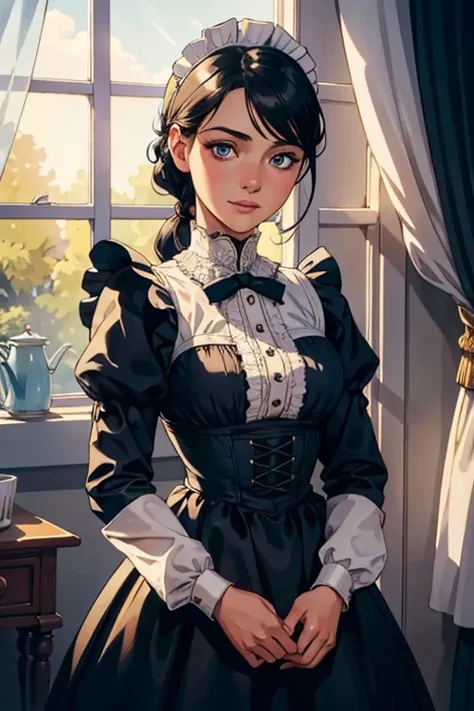 1 young victorian maid,maid uniform,beautiful detailed eyes,beautiful detailed lips,extremely detailed face and portrait,long eyelashes,intricate detailed clothing,clean tidy room,sunlight streaming through window,high quality,8k,ultra-detailed,photorealis...