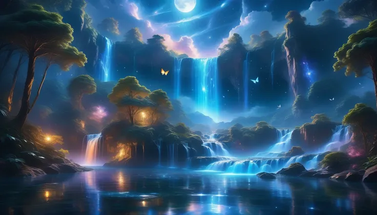 A Masterpiece In 32K Resolution, Supreme Quality, Super Detail, Official Art, Very High-Resolution 32K Wallpaper, Beautiful And Aesthetic, Ultra-Detailed Features, Awe-Inspiring Detail. An Enchanted Moonlit Waterfall - Butterflies Flutter Under The Light O...