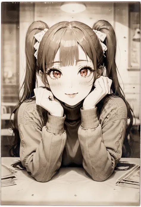 a photo of a girl with red hair and twin tails( very sepia:1.8)old photo of、(saturation -1.8). place both hands on cheeks, sleev...