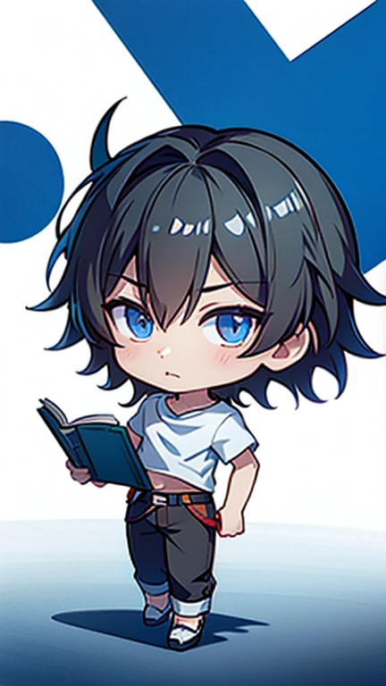 masterpiece, Best Quality, Chibi,
, One person, Focus on men,, short hair,Black Hair,bangs,Blue eyes,White shirt,pants,belt,open white,university student,Book white background,