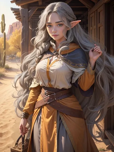 ((best quality))) (((HD))) (((8k))) (character) 20-year-old woman, ((adventurous)) elf, ((beautiful)) and ((happy)), ((brown and grey hair)) and ((very long wavy hair)), Brown and grey hair, fit body large breasts bewitching thighs, long skirt, fully cloth...