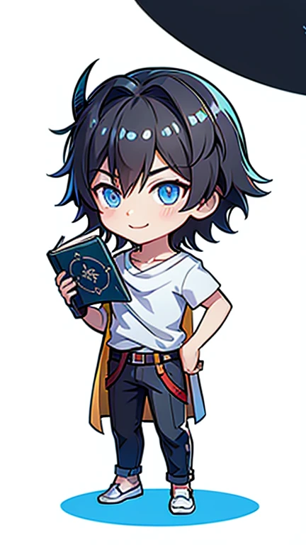 masterpiece, Best Quality, Chibi,
, One person, Focus on men,, short hair,Black Hair,bangs,Blue eyes,smile,White shirt,pants,belt,open white,university student,No book background,