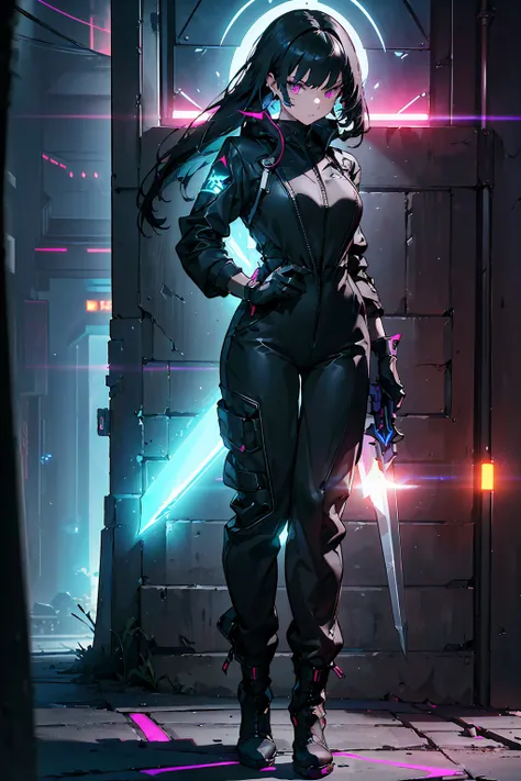 Design a layout showcase Gaming character, (1girl). Black+Silver clothes, sleek and modern, ((showcase weapon:1.4)), laser gun, (masterpiece:1.2), (best quality), 4k, ultra-detailed, (Step by step design, layout art:1.5), (neon lighting, cyber ambiance), c...