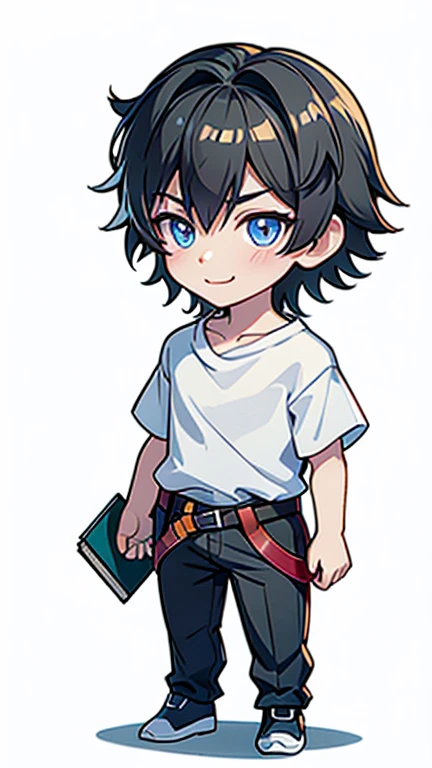 masterpiece, Best Quality, Chibi,
, One person, Focus on men,, short hair,Black Hair,bangs,Blue eyes,smile,White shirt,pants,belt, White,university student,No book background,