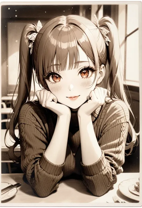 a photo of a girl with red hair and twin tails( very sepia:1.8)old photo of、(saturation -1.8). place both hands on cheeks, sleev...