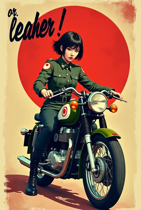 Art Style: A smart, young, pretty, smiling Japanese woman with short hair, wearing an old Imperial Japanese Army combat uniform with a Japanese flag patch on her shoulder, rides confidently on a vintage motorcycle in Zero Fighter colors. Above her head, th...