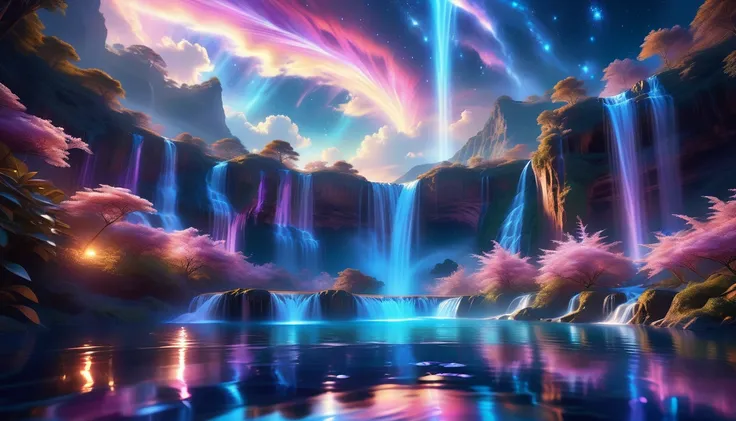 A Masterpiece In 32K Resolution, Supreme Quality, Super Detail, Official Art, Very High-Resolution 32K Wallpaper, Beautiful And Aesthetic, Ultra-Detailed Features, Awe-Inspiring Detail. An Enchanted Moonlit Waterfall - Butterflies Flutter Under The Light O...