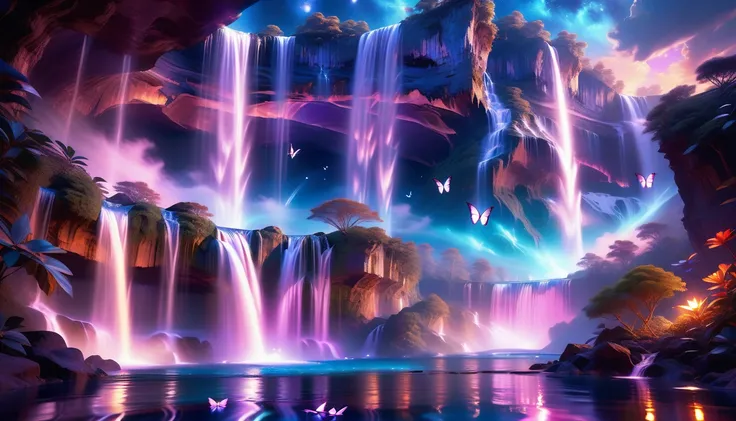 A Masterpiece In 32K Resolution, Supreme Quality, Super Detail, Official Art, Very High-Resolution 32K Wallpaper, Beautiful And Aesthetic, Ultra-Detailed Features, Awe-Inspiring Detail. An Enchanted Moonlit Waterfall - Butterflies Flutter Under The Light O...