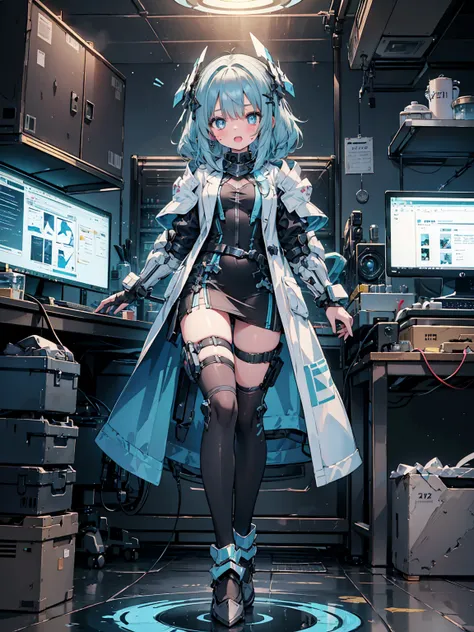 (((masterpiece, best quality, high detailed, 16k))) (1girl) A slim, beautiful young scientist with short, messy blue hair and sparkling eyes full of curiosity and intelligence. Her expression is a mix of excitement and slight embarrassment, with a cute, cl...