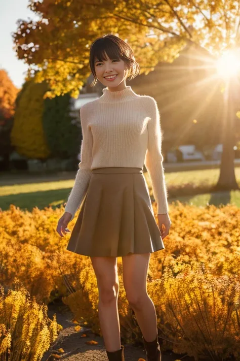 (masutepiece), (Best Quality), Realistic, Photorealism, 1girl, Beautiful woman, Perfect face, Perfect body、(Fashionable autumn clothes) , light smile, medium breast, give someone a little wave, Early morning sunlight, Her skirt flutters in the strong north...