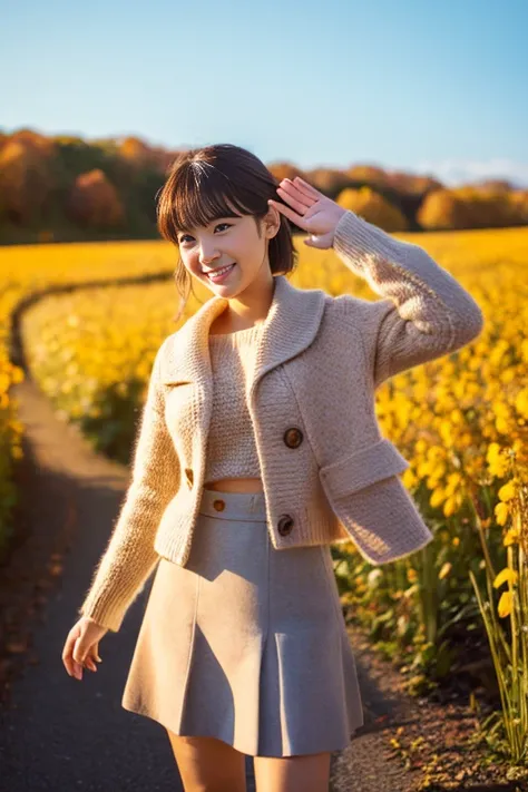 (masutepiece), (Best Quality), Realistic, Photorealism, 1girl, Beautiful woman, Perfect face, Perfect body、(Fashionable autumn clothes) , light smile, medium breast, give someone a little wave, Early morning sunlight, Her skirt flutters in the strong north...