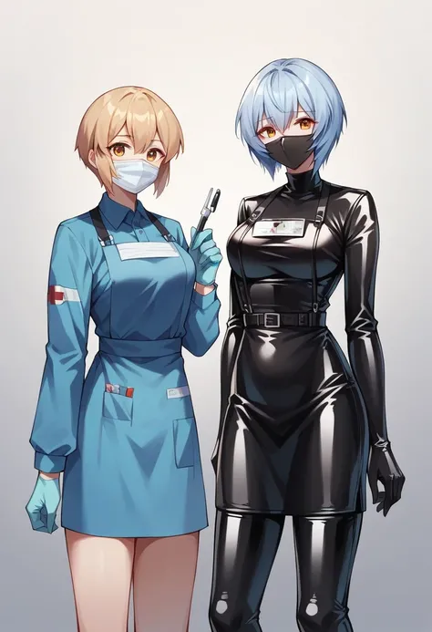 2 girl, ayanami rei, soryu asuka play dentist ((yellow very long latex gloves)), (paramedic black latex uniform), ((long sleeves)), looking at viewer, standing, one, black medical mask, rubber medical apron