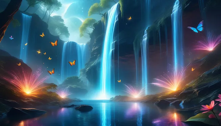 A Masterpiece In 32K Resolution, Supreme Quality, Super Detail, Official Art, Very High-Resolution 32K Wallpaper, Beautiful And Aesthetic, Ultra-Detailed Features, Awe-Inspiring Detail. Galactic Waterfalls With Glowing Butterflies - A Futuristic Scene Wher...