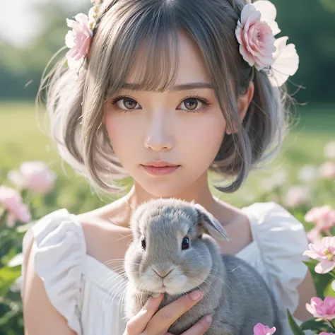 detailed, realism, 4K, , 顔のdetailed, Big yellow eyes, Fuller lips, Upturned nose, Grey hair with pink strands, Wearing a white dress, Rabbit in hand, Flowers in the background, White butterfly in the foreground, Realistic shooting, Depth of written boundar...