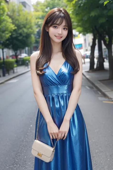 High resolution, Long Hair, Chest, bangs, Brown Hair, Beautiful Face、
165cm、２４age、Japanese、smile、Natural Makeup、
Blue Dress、Shiny dress and fancy bag、