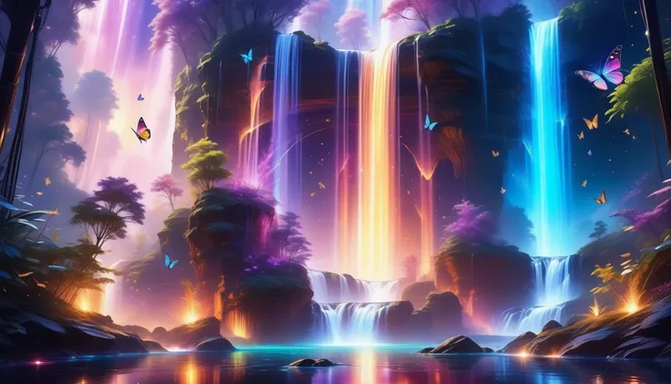 A Masterpiece In 32K Resolution, Supreme Quality, Super Detail, Official Art, Very High-Resolution 32K Wallpaper, Beautiful And Aesthetic, Ultra-Detailed Features, Awe-Inspiring Detail. Galactic Waterfalls With Glowing Butterflies - A Futuristic Scene Wher...