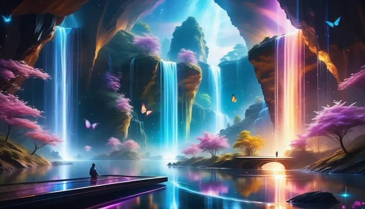 A Masterpiece In 32K Resolution, Supreme Quality, Super Detail, Official Art, Very High-Resolution 32K Wallpaper, Beautiful And Aesthetic, Ultra-Detailed Features, Awe-Inspiring Detail. Galactic Waterfalls With Glowing Butterflies - A Futuristic Scene Wher...