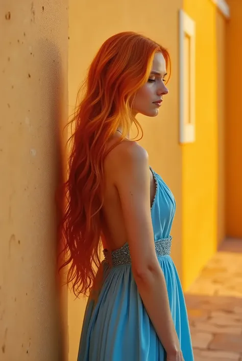 prompt greece, classic orange wall, yellow and orange tones, canon 600d photography, girl in long blue dress is on the wall, orange hair,too much hair falls like a waterfall, Long hair, profile back against the wall
