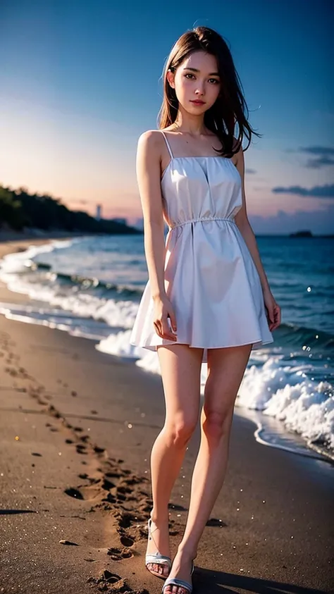 night,Sandy Beach,Water&#39;s Edge,One woman,Pure white wedding dress