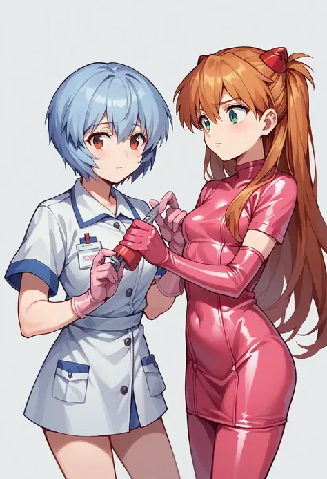 2 girl, ayanami rei, souryuu asuka langley, play dentist ((very long pink latex gloves)) medical uniform 