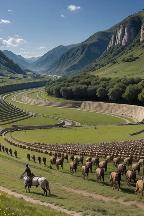 a valley surrounded by an army of Roman soldiers