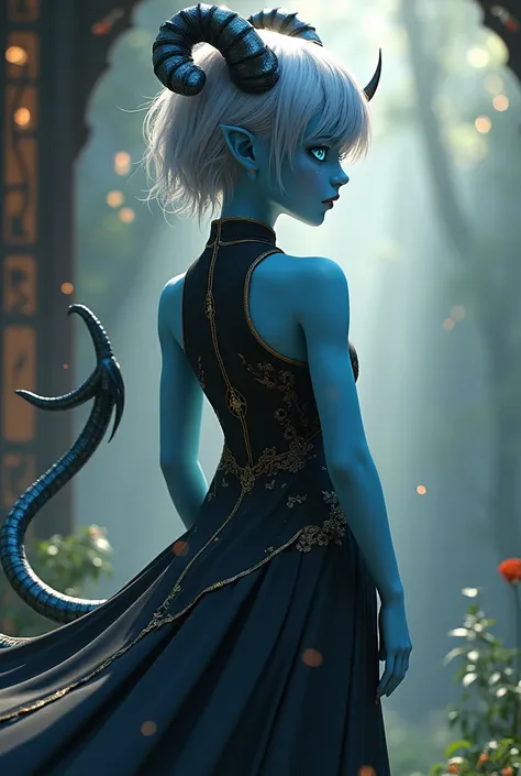 a beautiful detailed blue-skinned demonic girl with short ashy grey hair, horns curling back, a long tail, and bright blue eyes, wearing a black and gold qipao dress, standing in a graceful pose with a slight blush, viewed from behind, (best quality,4k,8k,...