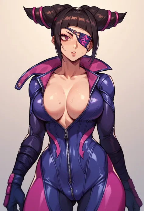 juri han, sexy, big breasts, beautiful groin, sweat a lot, sexy neck, purple bike suit, eyepatch on left eye, ((((zip up to the ...