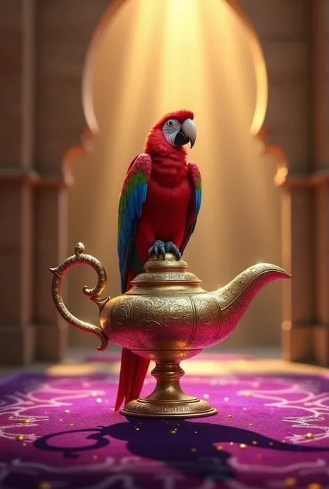 a magic lamp inspired by Aladdin an Arabic setting a red macaw and a purple carpet flying, detail, quality, Necessary, brilliance, against light, reflected light, Bright light, 