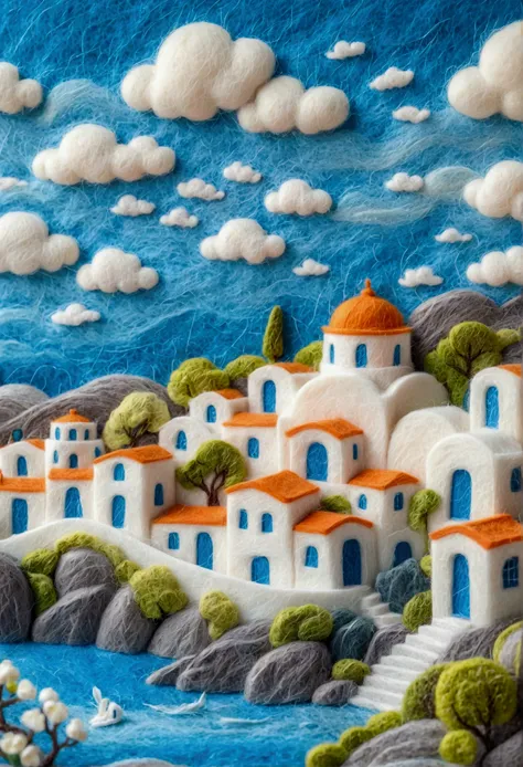 very strong felt style:1.59.Greek Fantasy Panorama, greek fantasy landscape, Baishi Ancient City, Beautiful details miniature, Blue! and white, Blue and white