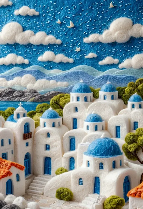 very strong felt style:1.59.Greek Fantasy Panorama, greek fantasy landscape, Baishi Ancient City, Beautiful details miniature, Blue! and white, Blue and white