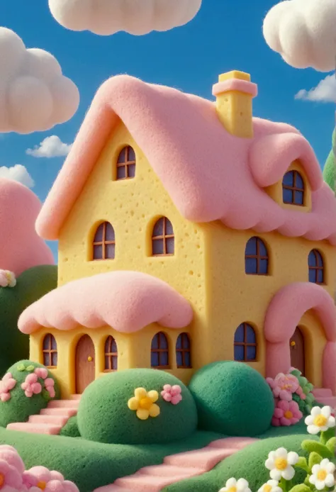 there is a house，there is a pink roof and a, cute，very strong sponge texture，rich details，elegant and soft tones