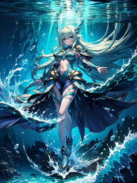 (((masterpiece, best quality, high detailed, 16k))) (1girl) a majestic and powerful woman with long, flowing sea-green hair, eye...