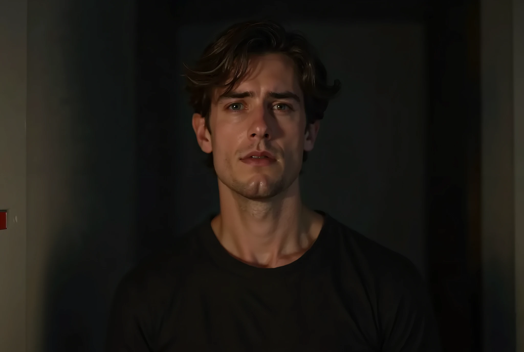 real photo, realism, ultra HD result, 4k, very detailed, adult jacob with short wavy hair split in middle and brown eyes and rounded face in a black casual black shirt inside a dark room talking with relieved and serious expression, horror